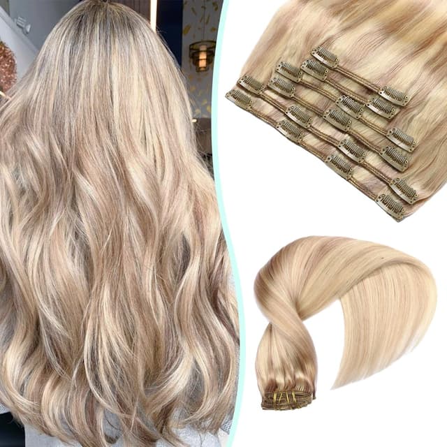 VINBAO Clip in Extensions Echthaar Dreckiges Blond Highlight Bleichblond Haar Extensions Clip Extension Echthaar Blond Doppelt Tressen Salon Qualität 22 Zoll 6Stück