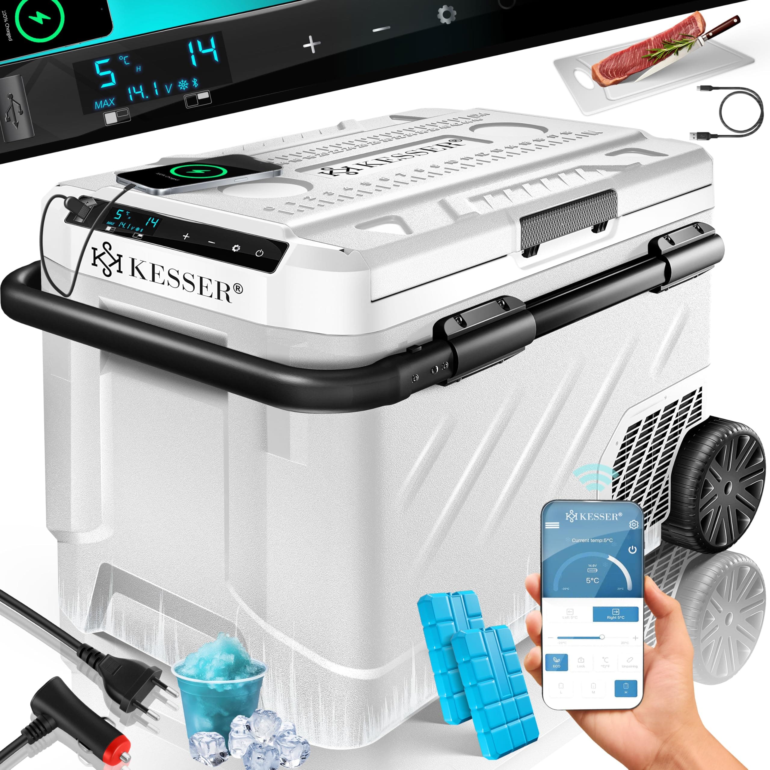 KESSER® Kompressor Kühlbox elektrisch 61 Liter | Camping Gefrierbox mit LED-Touch 😎 | Mit APP-Steuerung & Kühlakkus USB-Anschluss 12/24 V 230V 🚗 | Kühlschrank Kühlung bis -20 °C für Auto LKW Weiß Schwarz