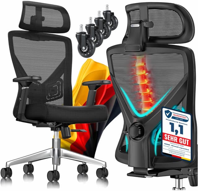 KESSER® Bürostuhl Ergonomisch mit verstellbaren Armlehnen | Drehstuhl mit Lendenwirbelstütze Rückenschonend | Schreibtischstuhl mit Kopfstütze | Office Chair Wippfunktion bis 125° mit 5X Gummirollen Schwarz / Silber - Angebot