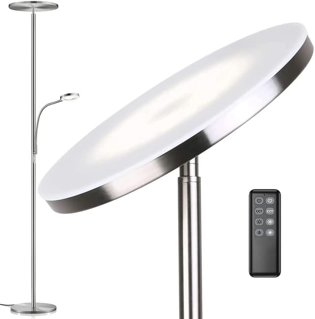 🌟 Anten Deckenfluter Klara mit Leselampe | Nickel matt | 30W dimmbare Led Stehlampe mit Fernbedienung