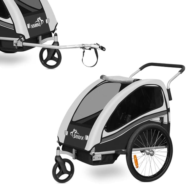 🚲 SAMAX Fahrradanhänger Jogger 2in1 360° drehbar Kinderanhänger Kinderfahrradanhänger - Black Edition Grau