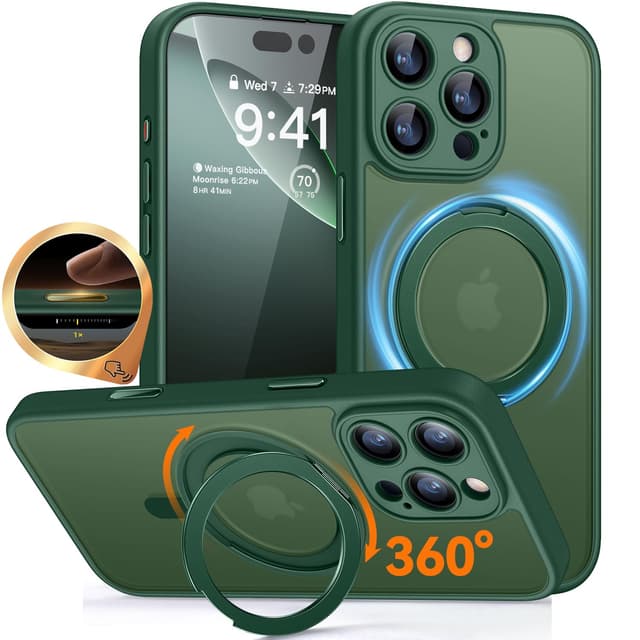 CANSHN 360° Ständer für iPhone 16 Pro Max Hülle mit Kameraschutz [Camera Control Button] für Magsafe (Magnetischer Robust Standring), Matt Dunkelgrün iPhone 16 Pro Max Z- Dunkelgrün 📸📱