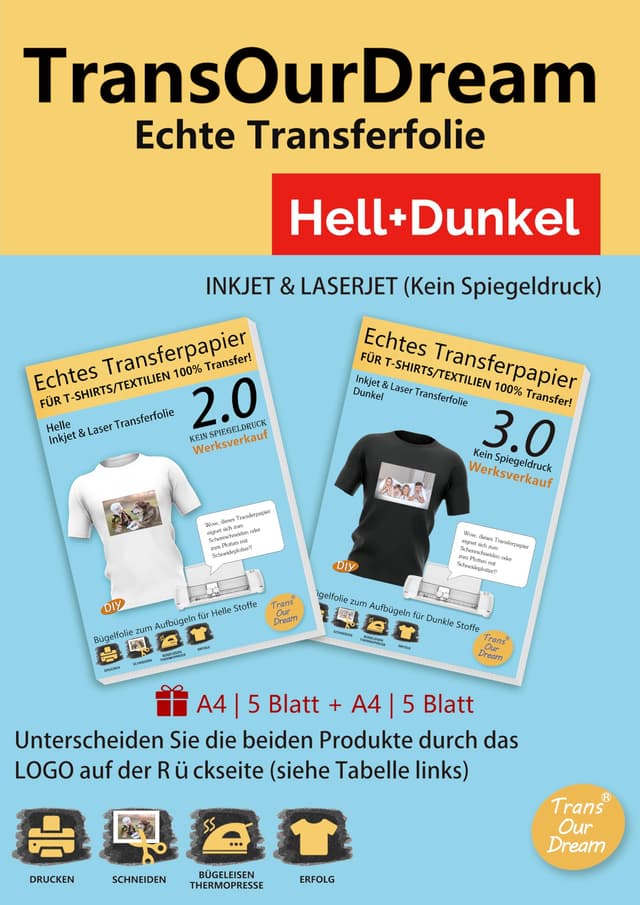 TransOurDream A4X (5+5) Blatt+1 A3 Silikonpapier T-Shirt Transferpapier