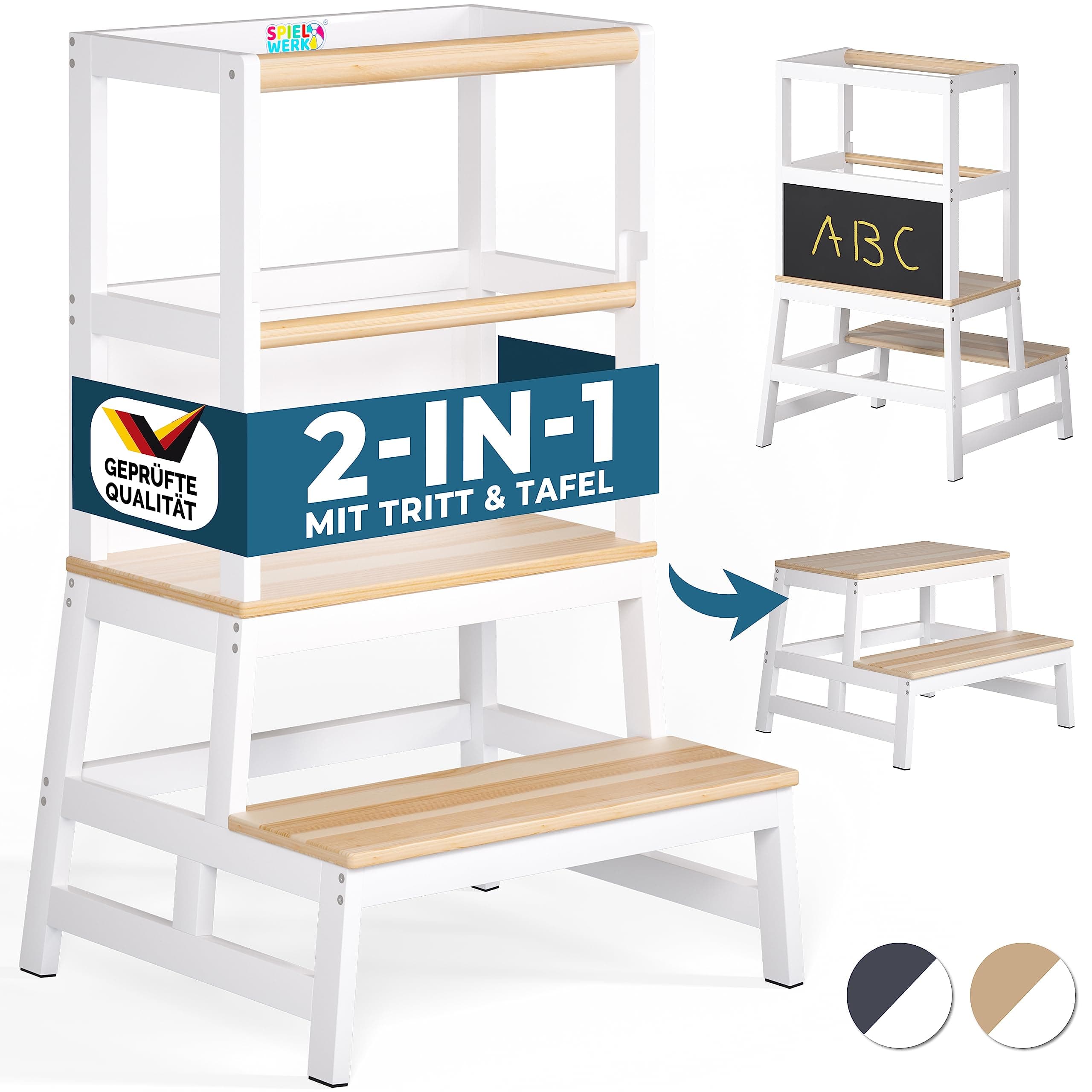 🌟 Spielwerk® Lernturm ab 2 Jahren Kinder mit Tafel Weiß 100kg Belastbar 93cm Hoch Montessori Learning Tower Trittschemel Kiefer Lernstuhl 2in1 Tritthocker Küche Weiß-holz