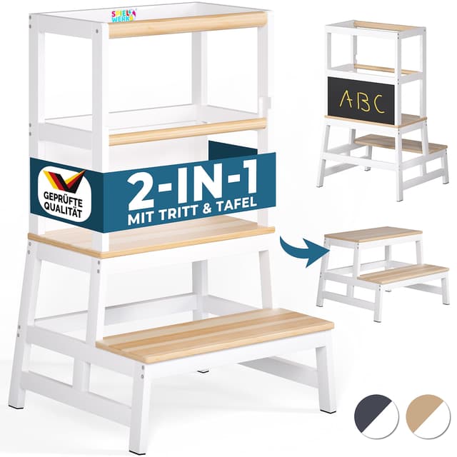 🌟 Spielwerk® Lernturm ab 2 Jahren Kinder mit Tafel Weiß 100kg Belastbar 93cm Hoch Montessori Learning Tower Trittschemel Kiefer Lernstuhl 2in1 Tritthocker Küche Weiß-holz