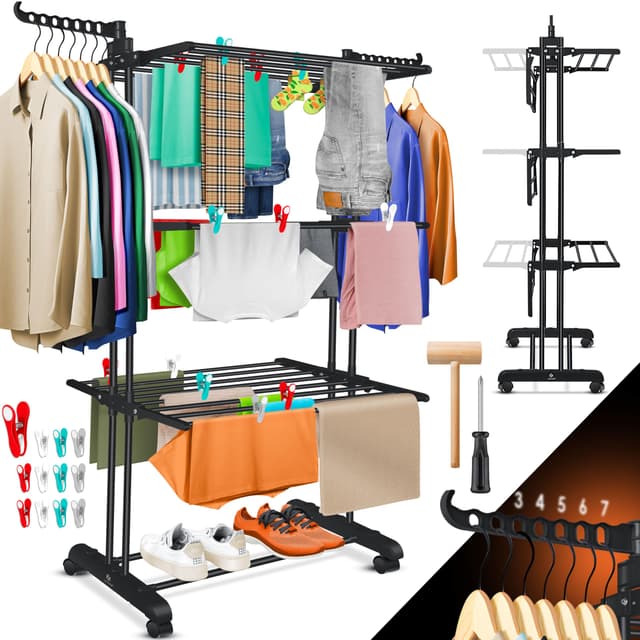 🧺 KESSER® Wäscheständer-Turm mit Rädern Schwarz 🌟 Platzsparender Wäschetrockner für Innen & Außen