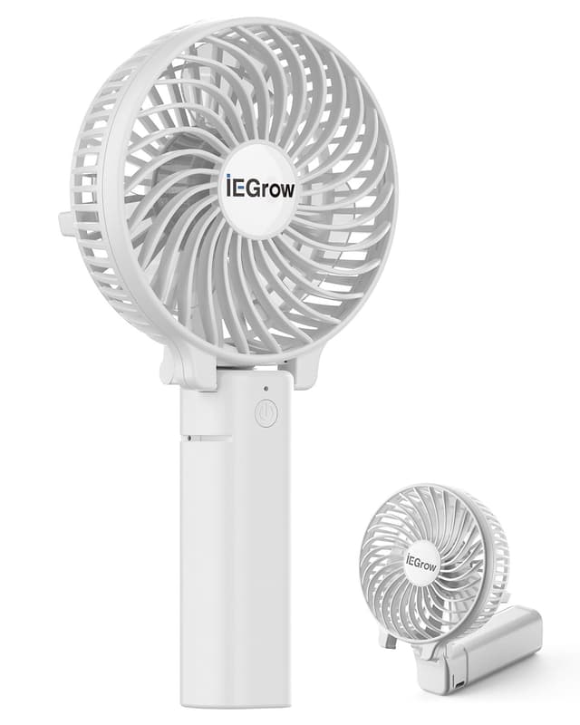 🌀 iEGrow Handventilator Tragbarer Mini Ventilatoren USB Wiederaufladbarer [2-9 Betriebsstunden] 3 Geschwindigkeiten Aufladbarem Batterie für Reisen Zuhause (Weiß) 🌀