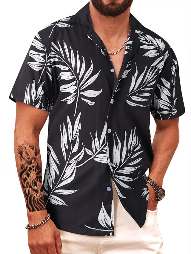 APTRO Herren Hemd Hawaiihemd Kurzarm Hemd Freizeit Urlaub Hemd Reise Shirt Sommer Hemd Schwarz-blatt M