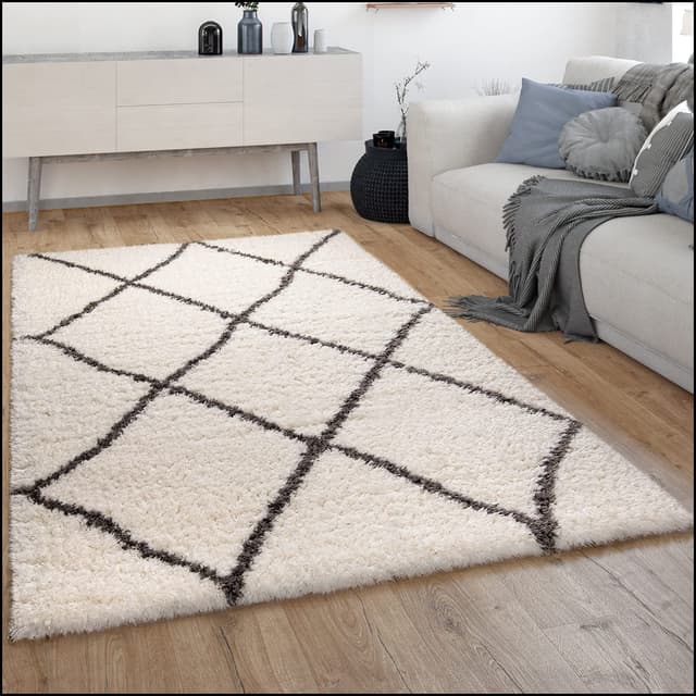 🌟 Paco Home Hochflor Teppich Wohnzimmer Shaggy Langflor Skandinavisches Rauten Muster Modern 🌟