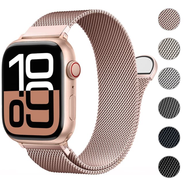 ORRLBB Patentiertes Ersatzarmband für Apple Watch 🌟 Hochwertiges Milanese Armband aus Edelstahl mit Magnetverschluss - Roségold 44mm/45mm/49mm/46mm