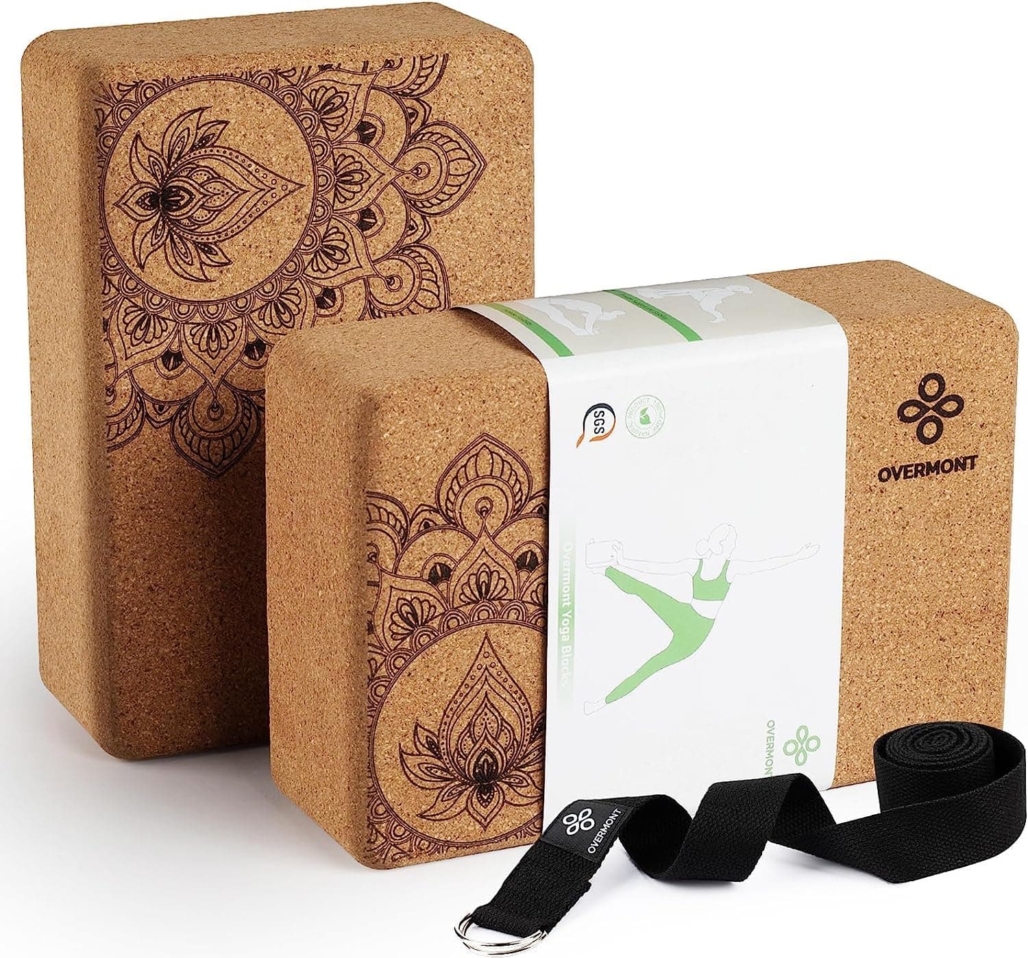 🧘 Overmont Yogablöcke Kork 2er Set Yogaklotz - Yoga Block mit Yoga Gurt 🧘