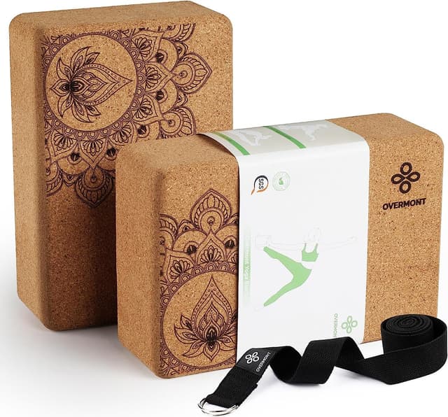 🧘 Overmont Yogablöcke Kork 2er Set Yogaklotz - Yoga Block mit Yoga Gurt 🧘