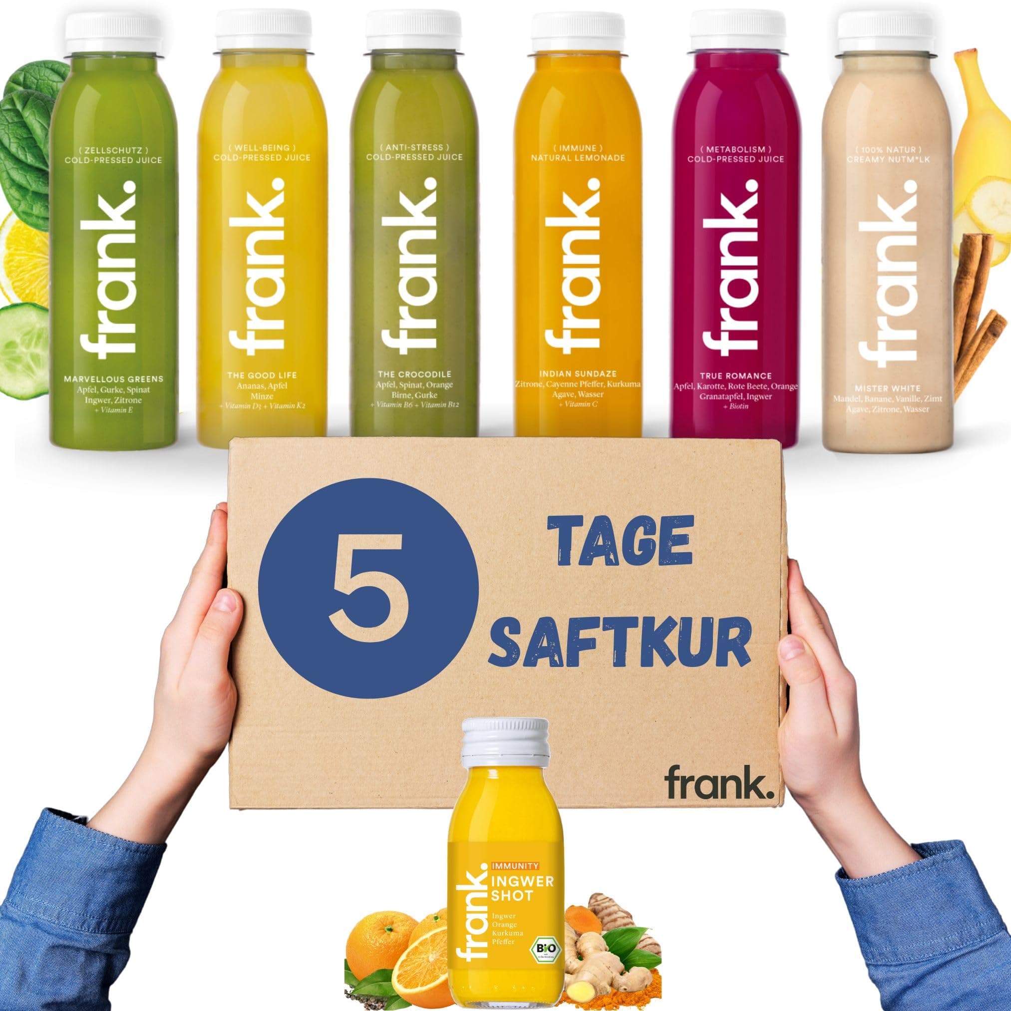 Frank Juice Saftkur 5 Tage | 30 x 330ml Säfte + 5 x 60ml Bio Ingwer shot
