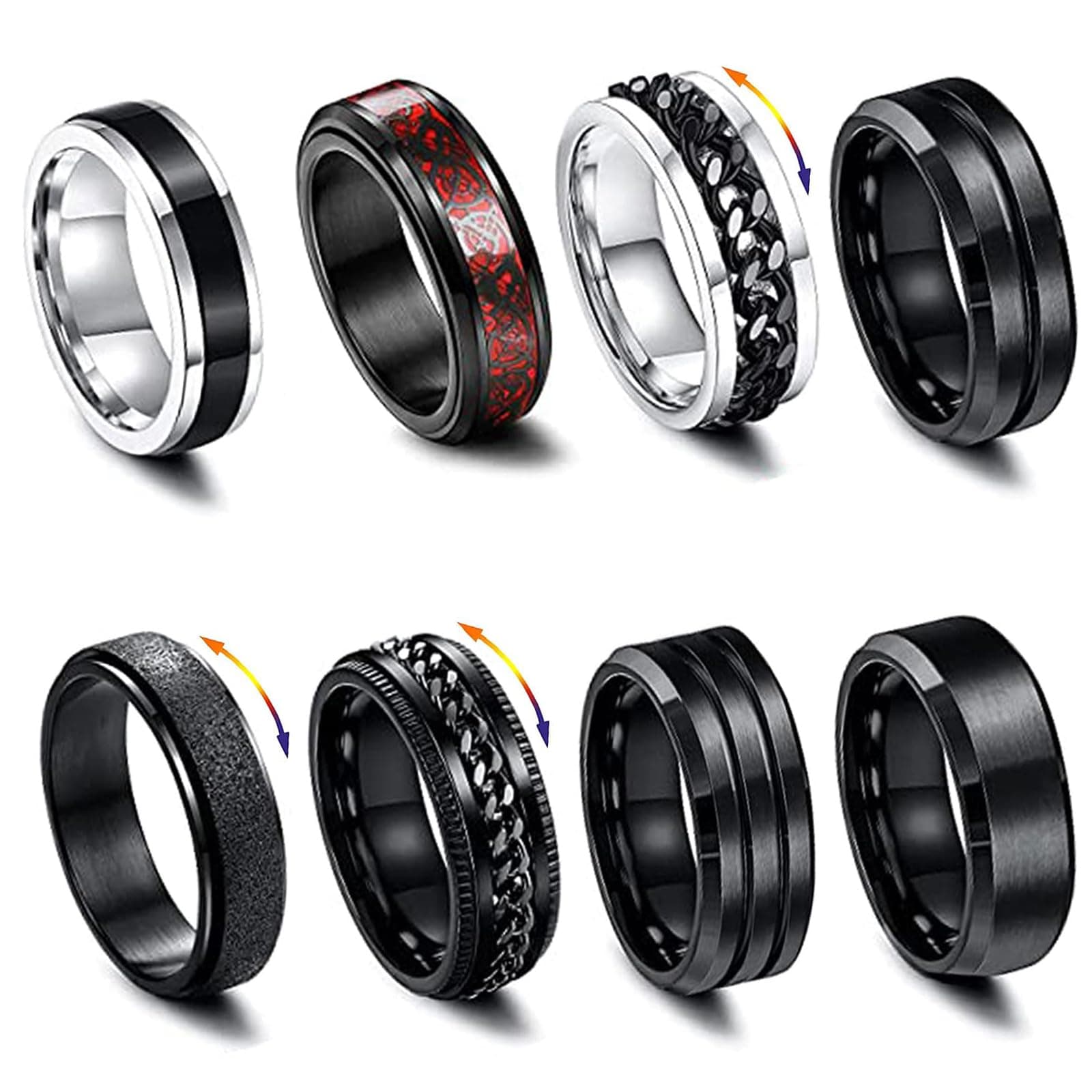 Konxi 8 Stück Männer Edelstahl Spinner Ringe Schwarz Matt Finish Poliert Band Ringe für Männer Schwarze Ringe Herren Set Coole Schwarze Ringe 65 ✨