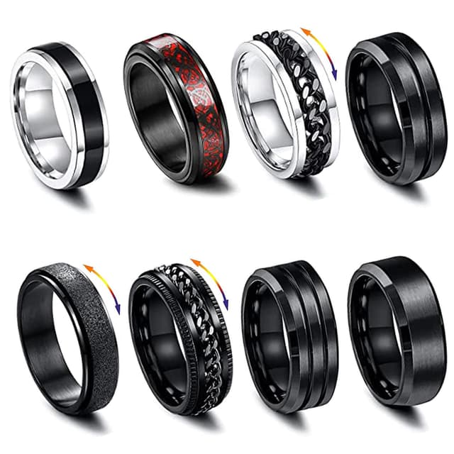 Konxi 8 Stück Männer Edelstahl Spinner Ringe Schwarz Matt Finish Poliert Band Ringe für Männer Schwarze Ringe Herren Set Coole Schwarze Ringe 65 ✨