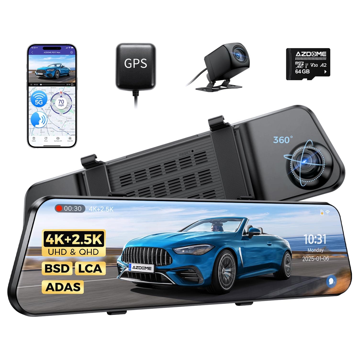 AZDOME 4K Spiegel Dashcam Auto Vorne Hinten - Super Nachtsicht & GPS