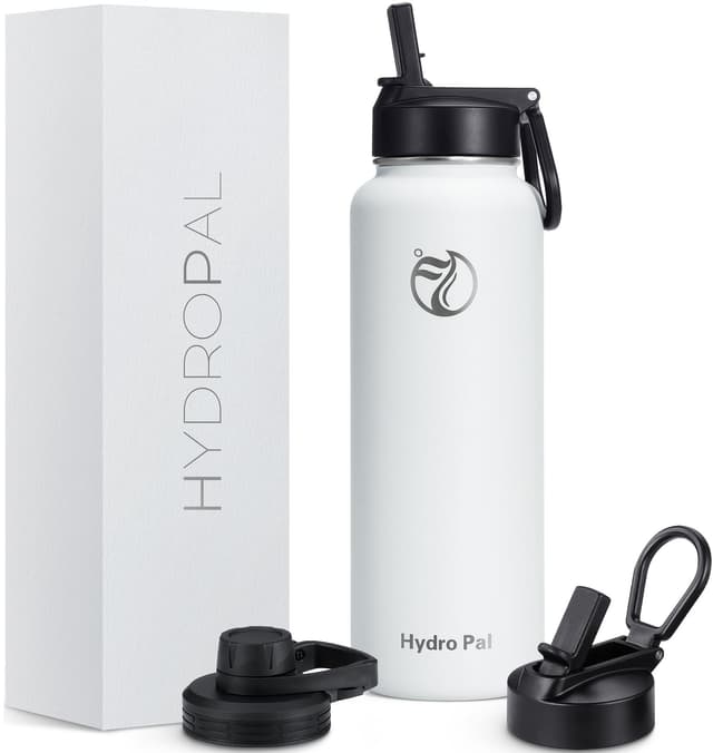 HydroPal Edelstahl Trinkflasche - BPA-Frei - Isolierte Flasche mit Strohhalm & 2 Deckel