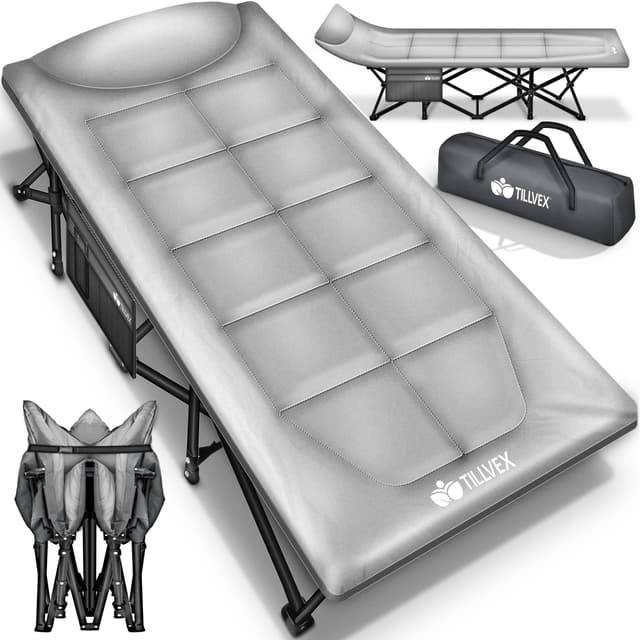 Tillvex® Campingbett klappbar mit Tragetasche bis 200 kg | Campingliege extra breit | Feldbett Karpfenliege für Outdoor & Indoor | Klappbett Gästebett faltbar Garten Camping Angeln Festival Reise 210 x 80 x 40 cm Grau 🏕️