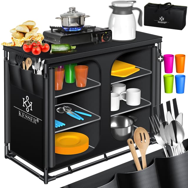 KESSER® Campingküche | Inkl. Tragetasche & Becherset | Campingschrank Faltschrank 🏕️