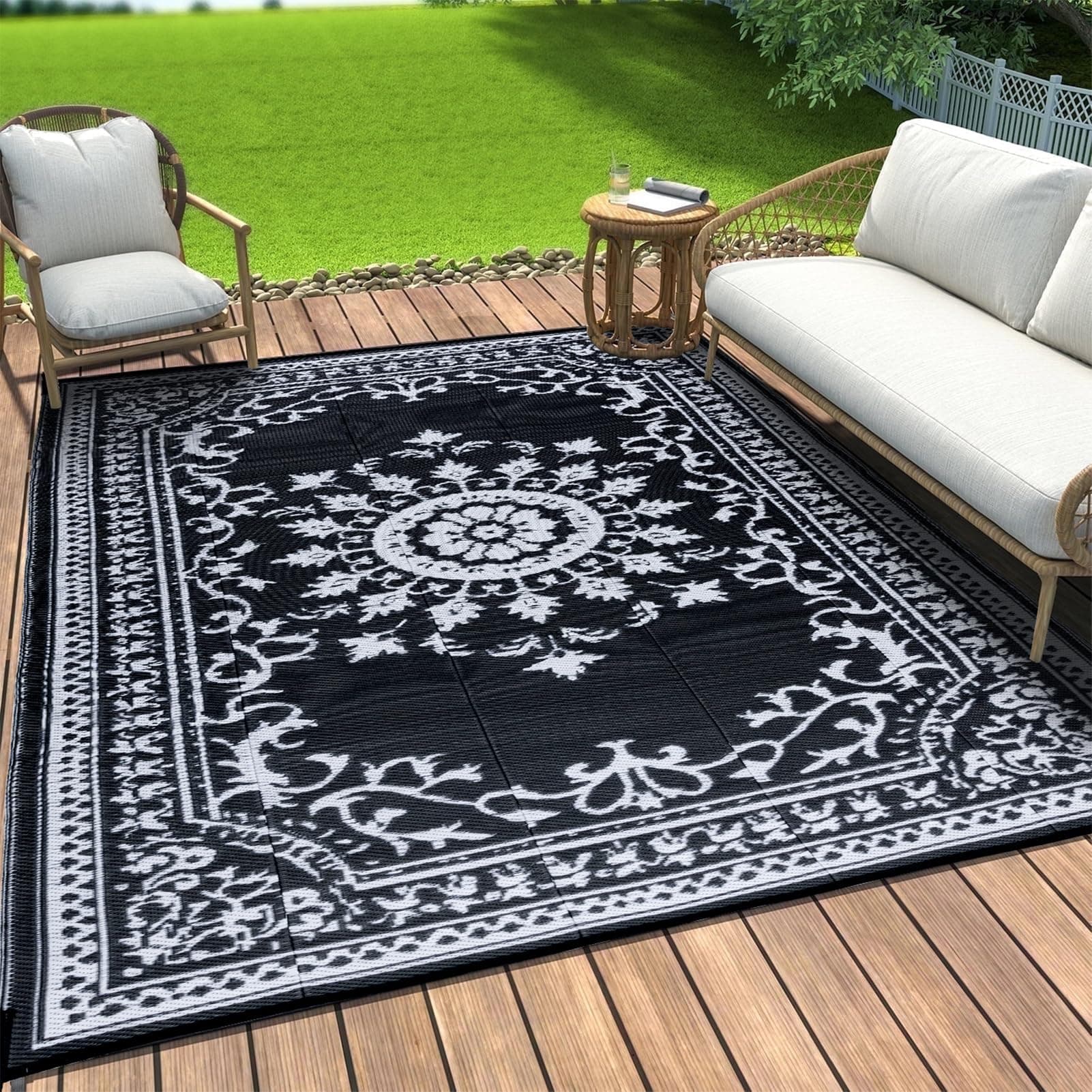 OMERAI Outdoor Teppich Wetterfest Balkon Waschbar Teppich Wasserabweisend UV Beständig Plastik Recyceltem Außenteppich BBQ Picknick Vintage Schwarz Wendbarer Teppich 150X240CM