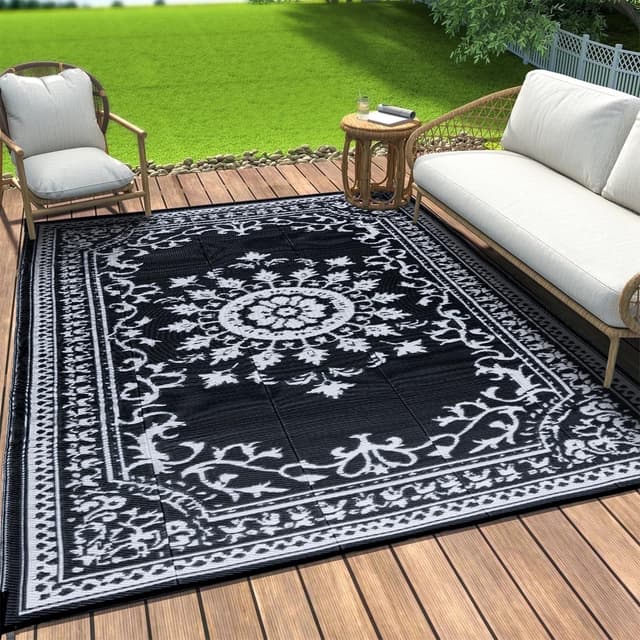 OMERAI Outdoor Teppich Wetterfest Balkon Waschbar Teppich Wasserabweisend UV Beständig Plastik Recyceltem Außenteppich BBQ Picknick Vintage Schwarz Wendbarer Teppich 150X240CM