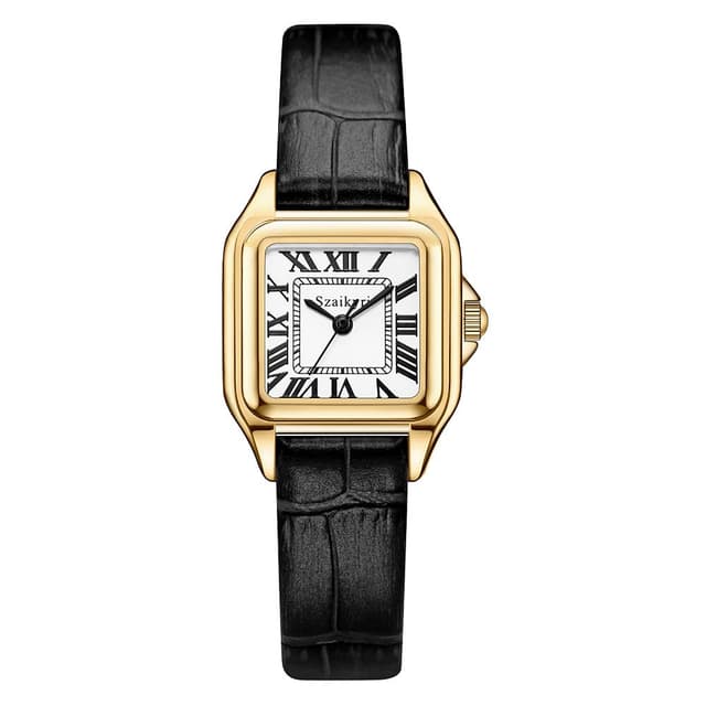 Szaikyri Klassisches Quadrat Damenuhr mit römischen Ziffern Damenkleiduhren Armbanduhr Damen Black-gold 🌟