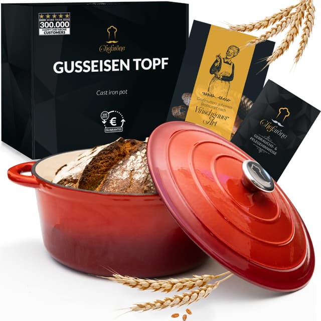 🍞🍲 Chefarone Gusseisen Topf 26 cm 4,7 L emailliert - Schmortopf mit Deckel Induktion - Gusseisen Bräter Topf Brot backen 🍞🍲