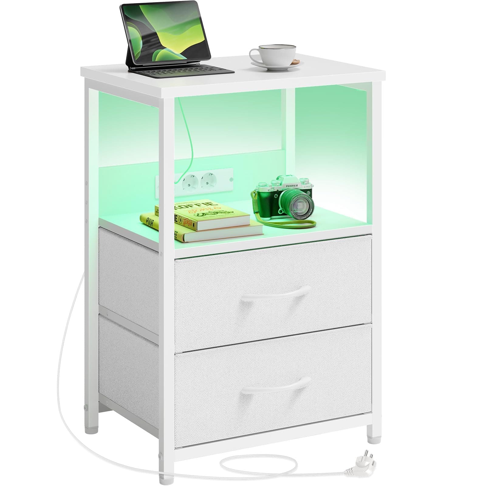 Rolanstar Beistelltisch mit LED-Beleuchtung 🌟 Nachttisch mit 2 Schubladen & USB-Anschluss 🌙
