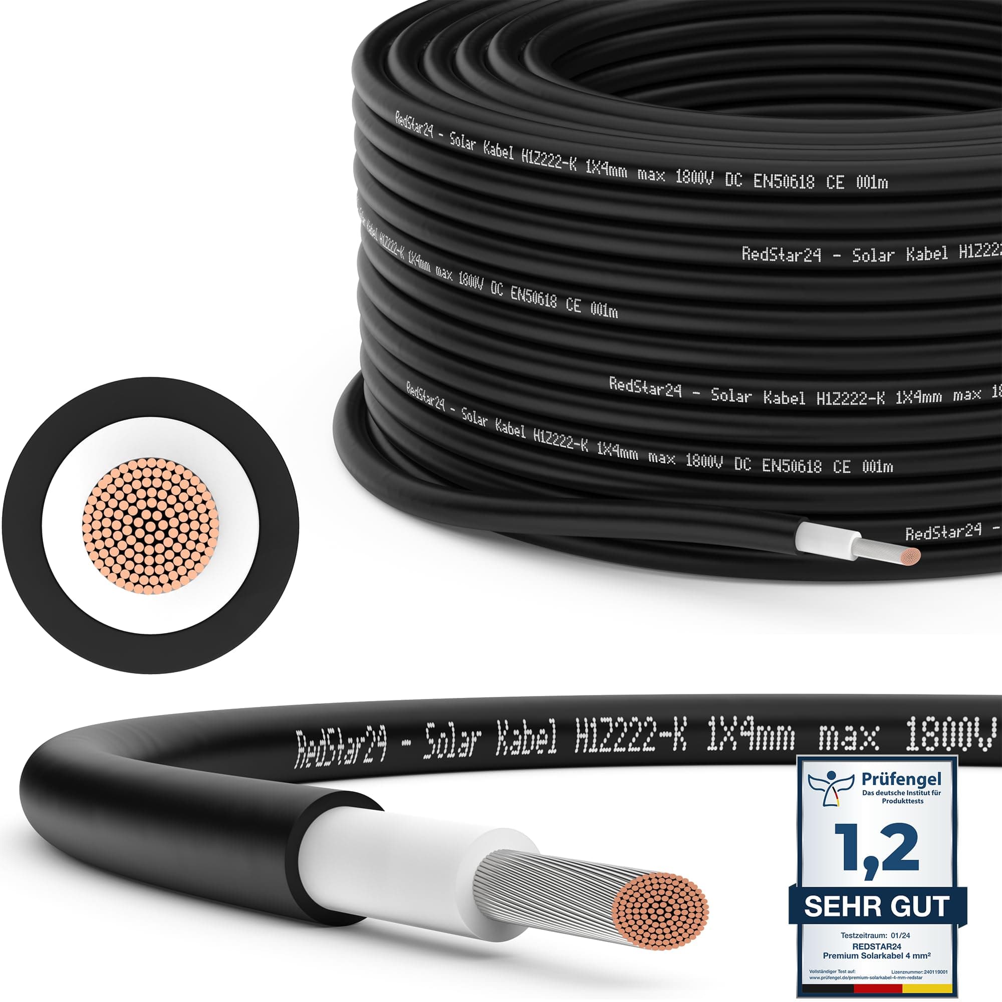 RedStar24 Premium Solarkabel 4mm² Schwarz - 50m - TÜV SÜD geprüft