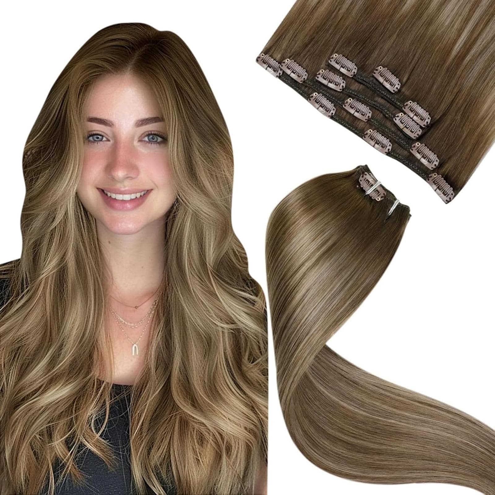 LaaVoo Clip in Extensions Echthaar Braun Hellbraun Balayage Goldene Blondine Glatt