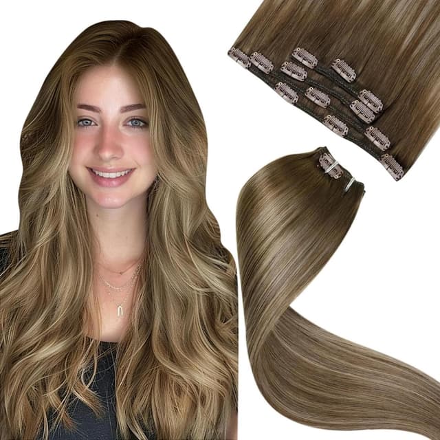LaaVoo Clip in Extensions Echthaar Braun Hellbraun Balayage Goldene Blondine Glatt