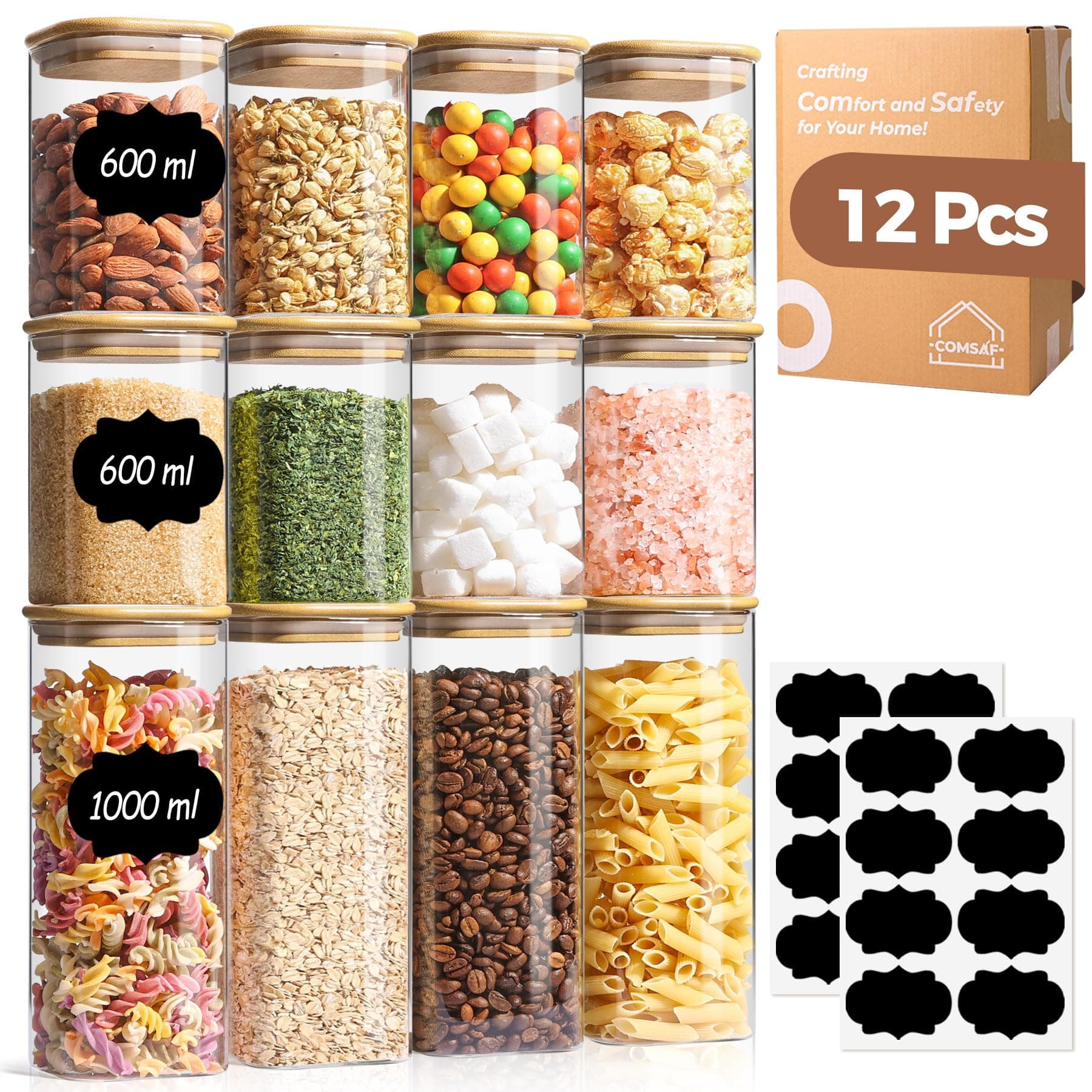 ComSaf Vorratsgläser mit Deckel Luftdicht, 12er Set Glasbehälter 🍲🥫