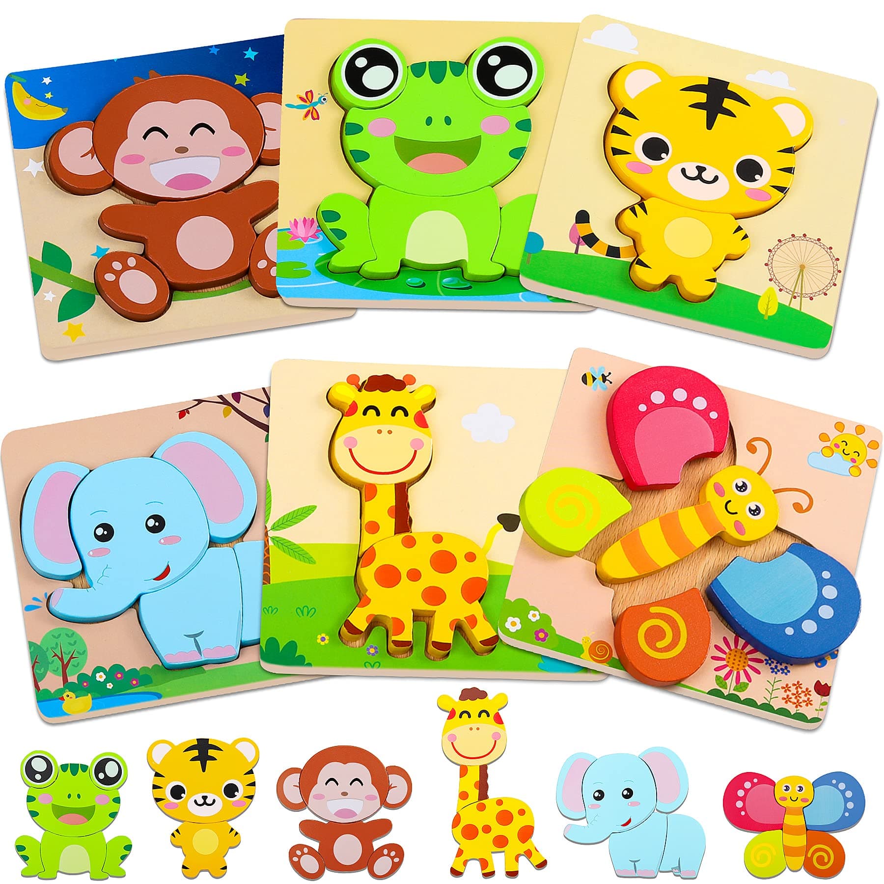 🧩 Lenbest 6 Stück Holzpuzzle - Tier Montessori Spielzeug - Kinderspielzeug