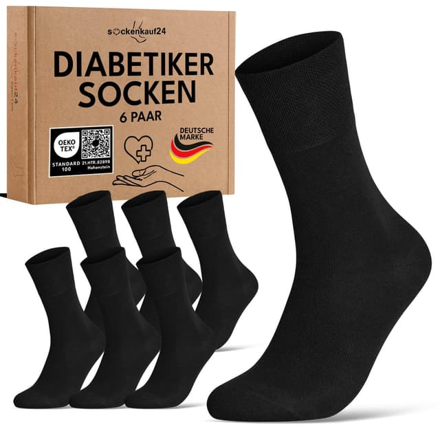 🧦 sockenkauf24 Diabetikersocken ohne Gummibund & ohne Naht 97% Baumwolle (6 Paar) Diabetiker Socken mit Komfortbund für Damen & Herren 43-46 Schwarz