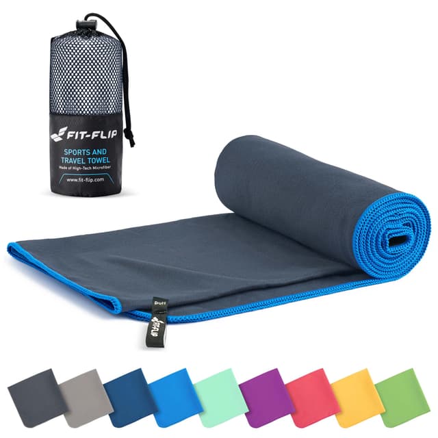 Fit-Flip Mikrofaser Handtuch - Kompakt & Leicht 🌟 Schnelltrocknend & Saugstark 💦 Sport, Fitness, Sauna - Dunkelgrau/Blau 50x100cm