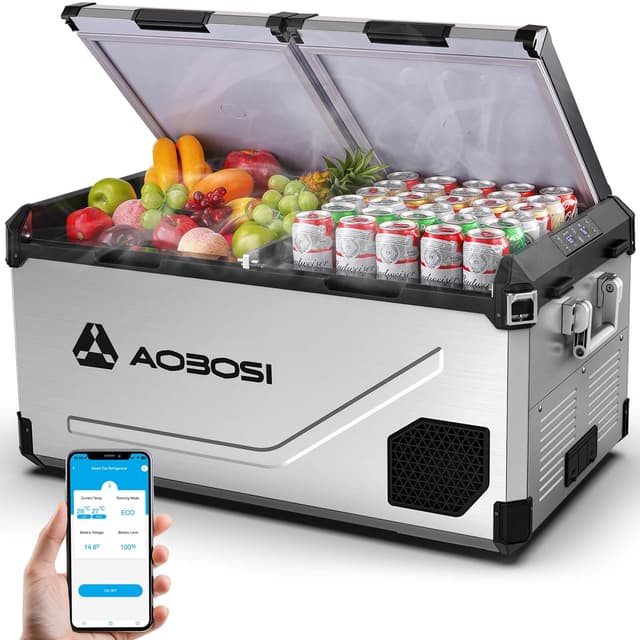 AAOBOSI 95L Kompressor Kühlbox Dual Zone -20℃, Edelstahlgehäuse & Aluminium-Innenausstattung