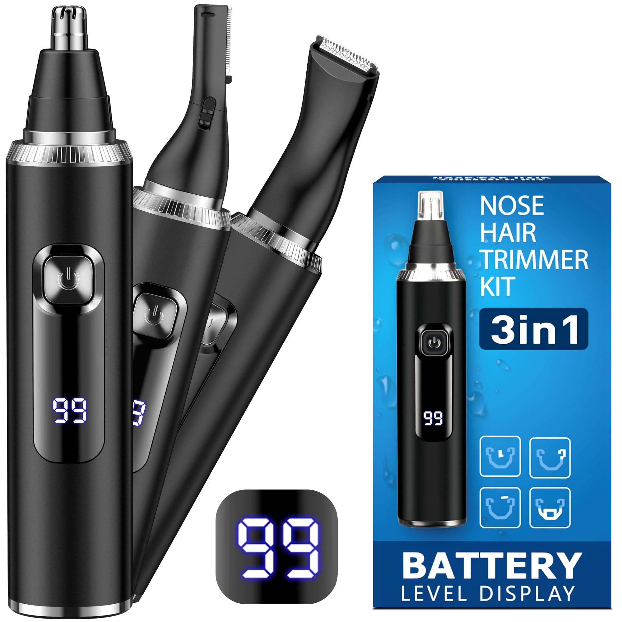 🌀 Nasenhaartrimmer Herren 3-In-1 mit LED Akku Anzeige - Schwarz-3
