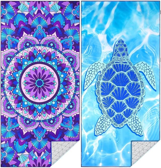 🏖️ Strandtuch Microfaser Badetuch Groß 2 Set 180x80 cm Strand xxl Strandhandtuch Schnelltrocknend Zubehör Strandtücher Beach Towel Mikrofaser Schnelltrocknendes Strandlaken Strandzubehör Strandutensilien 2 Stück Lila Mandala / Schildkröte