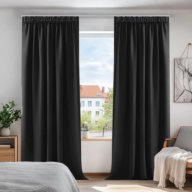 Deconovo Blickdichte Vorhänge mit Kräuselband | 2er Set Schwarz