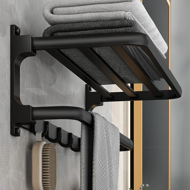 🔥 Black Matte Towel Holder without Drilling | Self-Adhesive Towel Holder for Bathroom | Wall-Mounted Towel Holder with 5 Hooks | Towel Rack for Bathroom Kitchen, 58cm, Aluminium