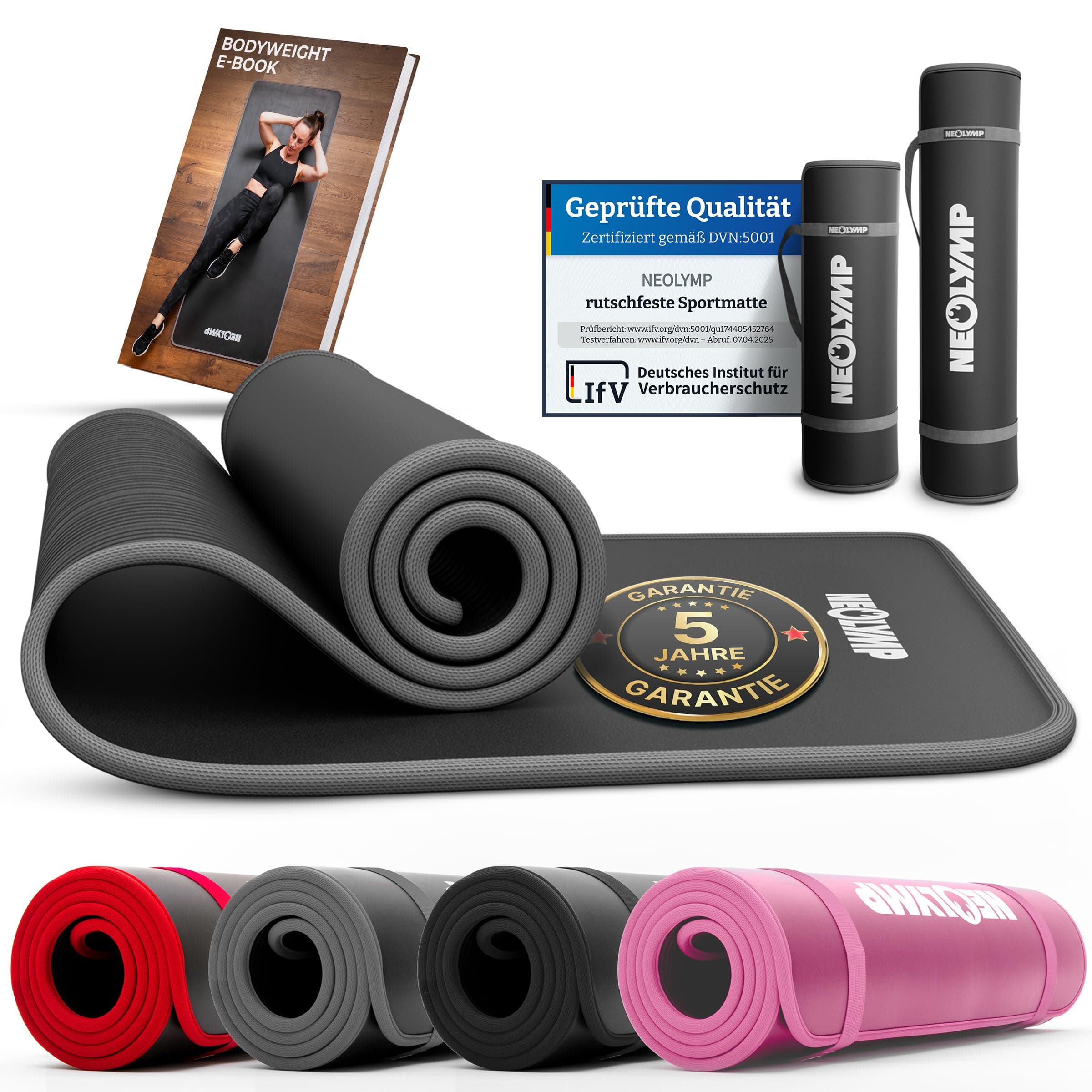 🧘‍♂️🤸‍♀️ NEOLYMP Extra Dicke und Rutschfeste Fitnessmatte mit Fitness E-Book und Tragegurt - Pilatesmatte, Yoga Matte, Sportmatte, Gymnastikmatte, Trainingsmatte Grau | 61 cm