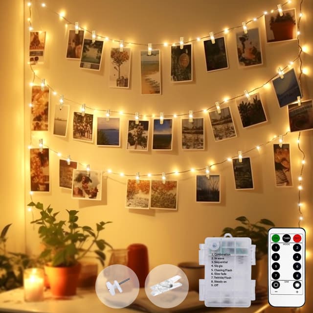 🌟 5M 50LED Foto Lichterkette mit Klammern Fernbedienung - 8 Modi Wasserdicht Timer Batteriebetrieben