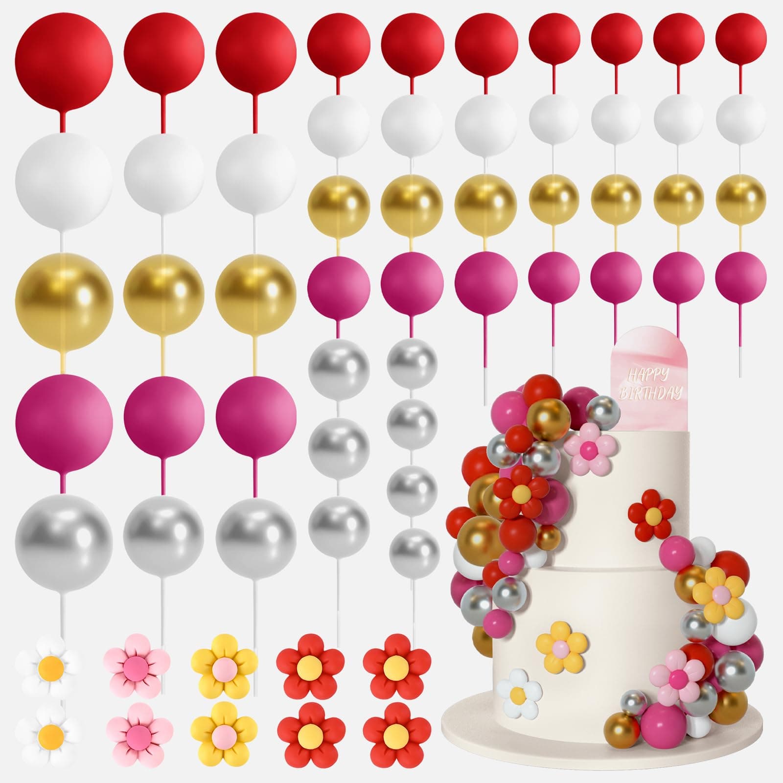 🎂 Bouiexye 61 Stück Cake Topper Tortendeko Kugeln 🌈🌸🎉