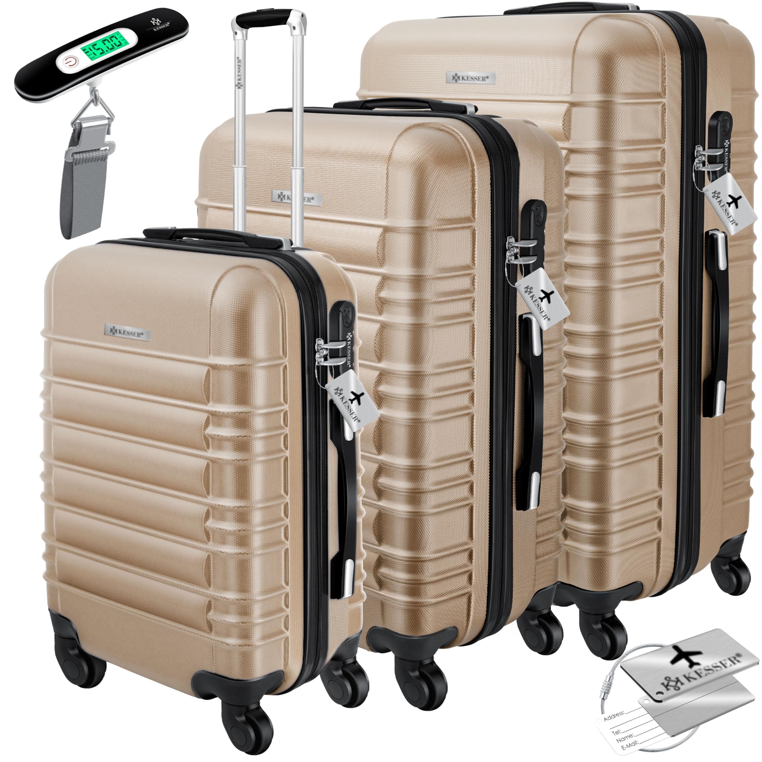 🧳 KESSER® 3tlg. Hartschalenkofferset Hard Shell Basic Hartschalenkoffer Trolley Koffer Reisekoffer Reisekofferset Gepäck Rollkoffer Schloss 4 Rollen ABS-Hartschale Teleskopgriff M-L-XL Champagne 🌟