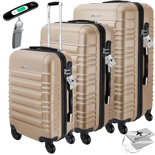 🧳 KESSER® 3tlg. Hartschalenkofferset Hard Shell Basic Hartschalenkoffer Trolley Koffer Reisekoffer Reisekofferset Gepäck Rollkoffer Schloss 4 Rollen ABS-Hartschale Teleskopgriff M-L-XL Champagne 🌟