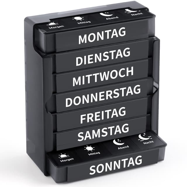 🌞🌙 Pillendose 7 Tage mit 4 Fächern | Tablettenbox Organizer Schwarz