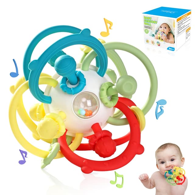 Orzbow Greifball Baby Montessori Spielzeug 🦚 | Zahnungshilfe Beißring | Kühlend | BPA-frei Rassel - Pfauengrün