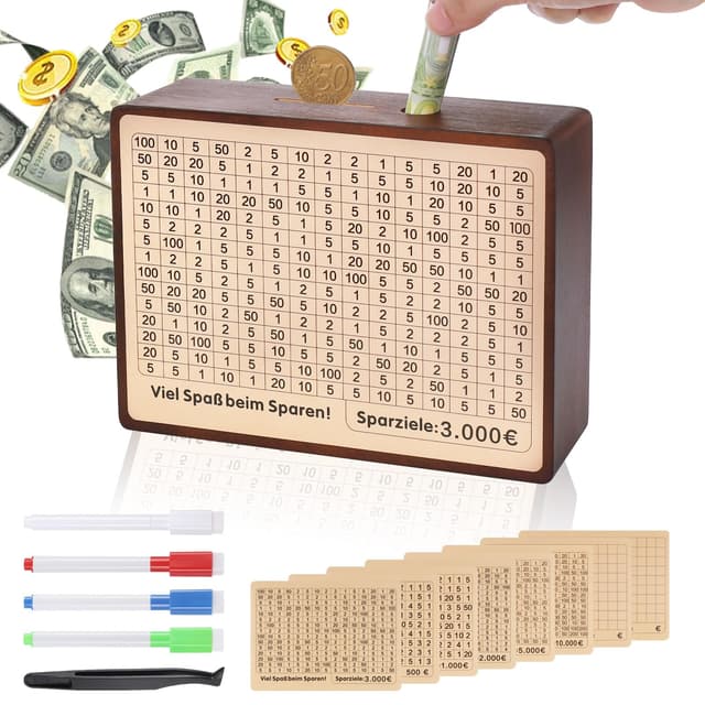 Fentar Spardose Holz - Retro Goalsaver Box 500 bis 10000 Euro Geld Sparen Challenge! 🐷💰