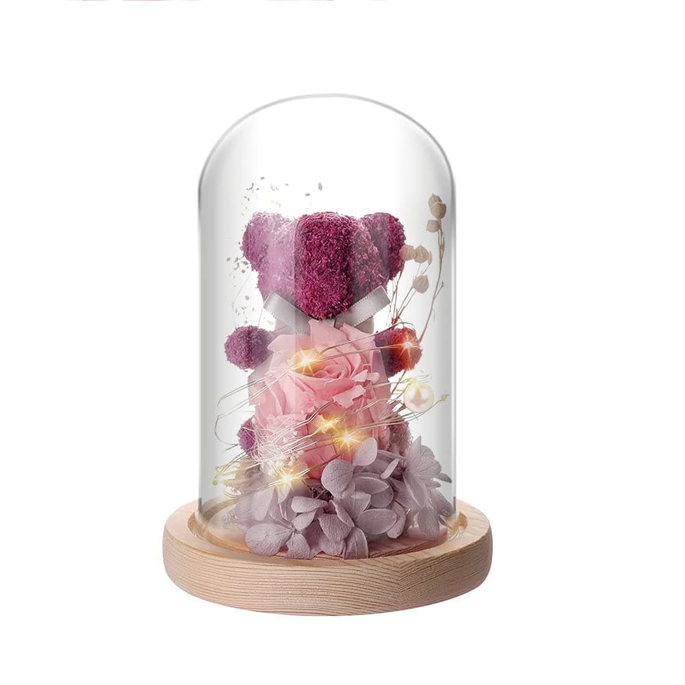IVEOPPE Ewige Rose Bär im Glas mit LED Licht und Holzsockel - Lila 🌹🌟