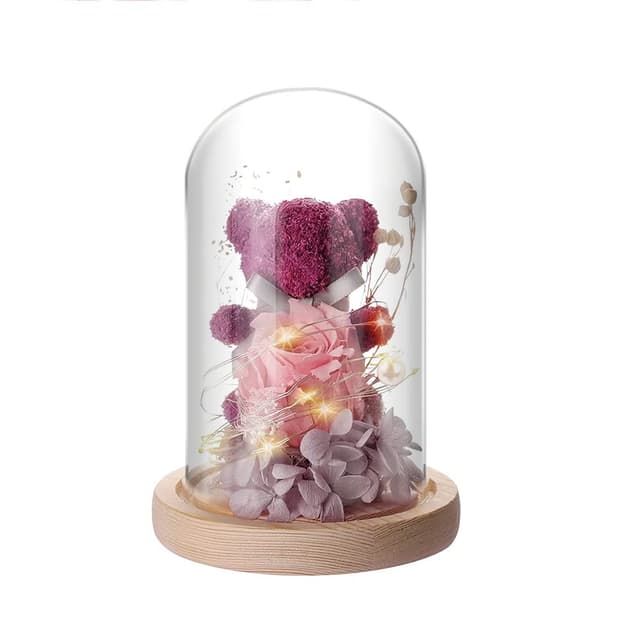 IVEOPPE Ewige Rose Bär im Glas mit LED Licht und Holzsockel - Lila 🌹🌟